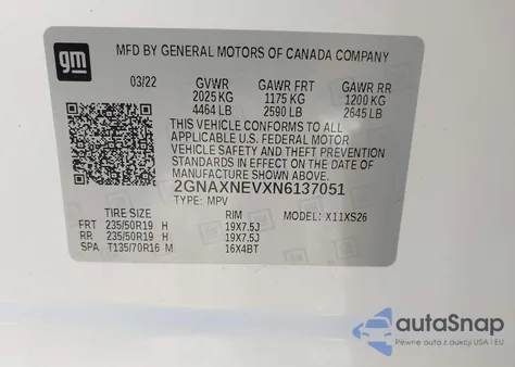 2022 Chevrolet Equinox Fwd Premier из США, поврежденный, VIN 2GNAXNEVXN6137051